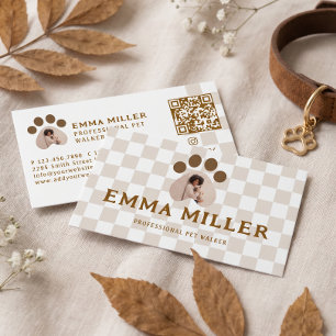 Chequered Pattern Dog Walker Pet Sitter Photo QR Business Card