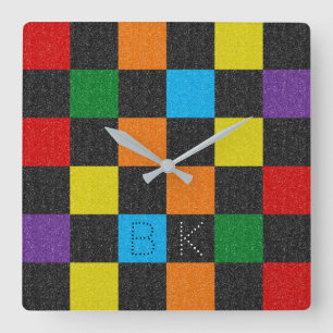 Chequered Pattern Fashion Rainbow LGBTQ Monogram Square Wall Clock