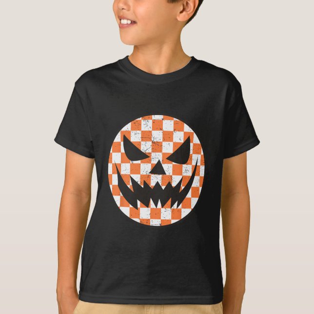 Chequered Pattern Halloween Face Trendy Kids  T-Shirt (Front)