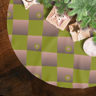 Chequered pattern in brown and olive green brushed polyester tree skirt