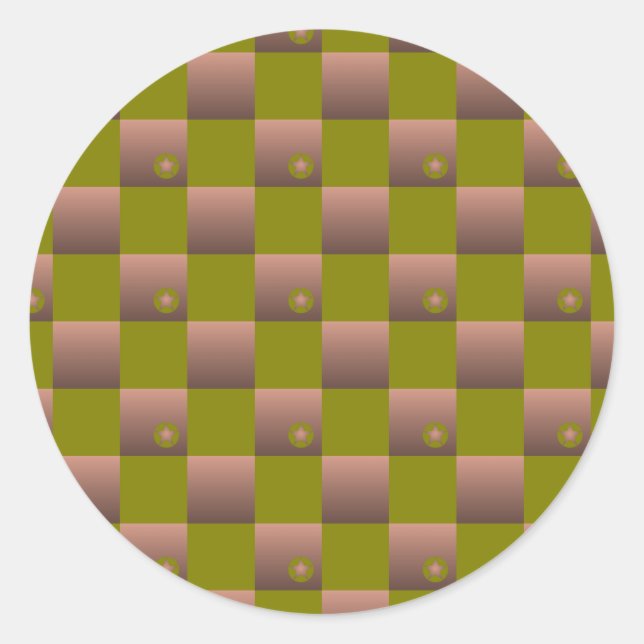 Chequered pattern in brown and olive green classic round sticker (Front)
