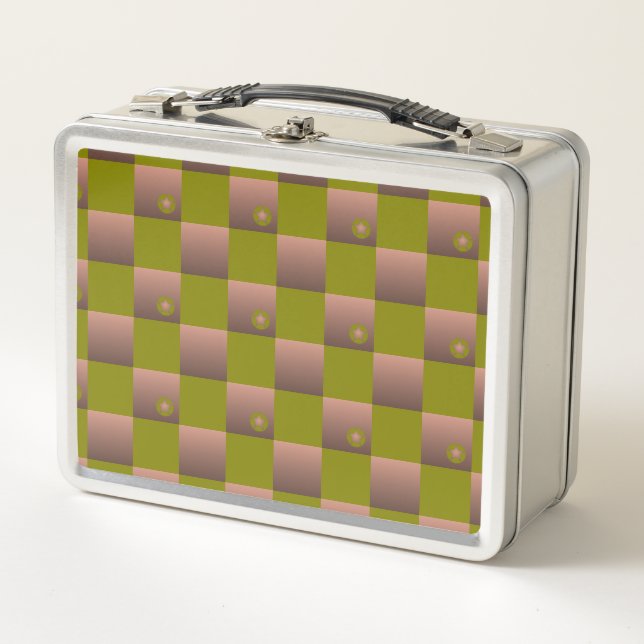Chequered pattern in brown and olive green metal lunch box (Front)