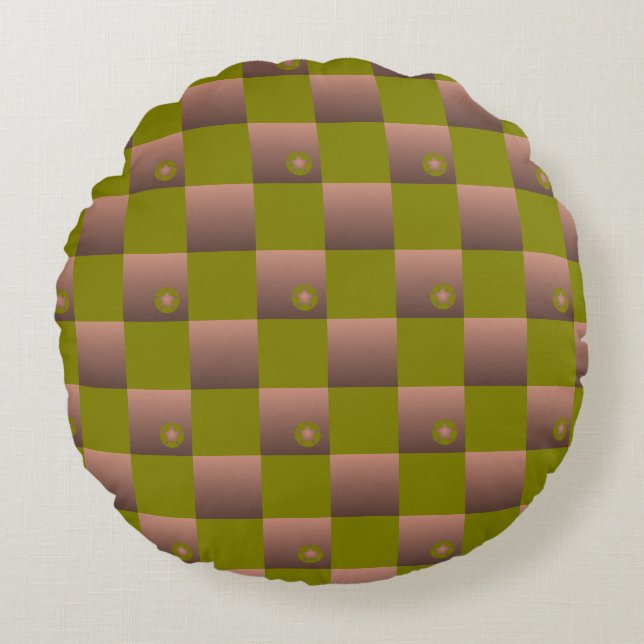 Chequered pattern in brown and olive green round cushion (Front)