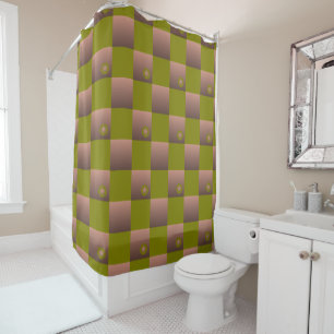 Chequered pattern in brown and olive green shower curtain