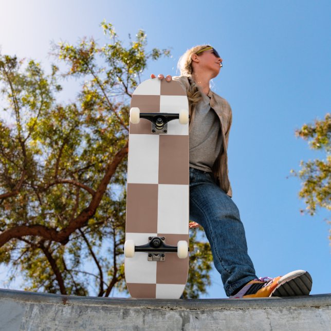 Chequered Pattern in White and Mocha Mousse Skateboard (Outdoor 1)