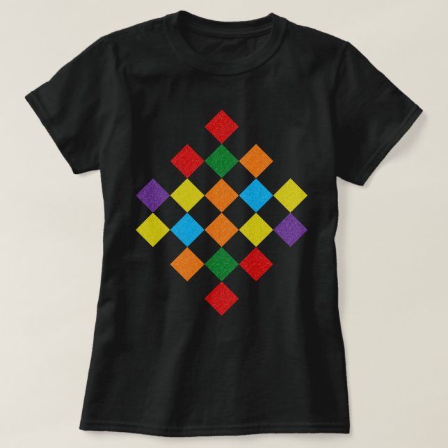 Chequered Pattern Rainbow Glitter Girly LGBT Pride T-Shirt (Design Front)