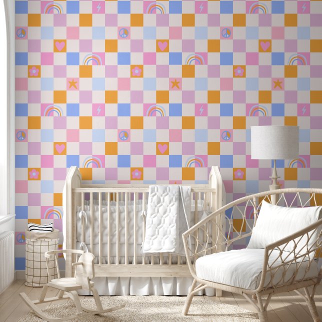 Chequered Pattern Rainbow Peace Girly Wallpaper (Kids)