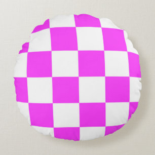 Chequered pattern tile background. White and Pinka Round Cushion