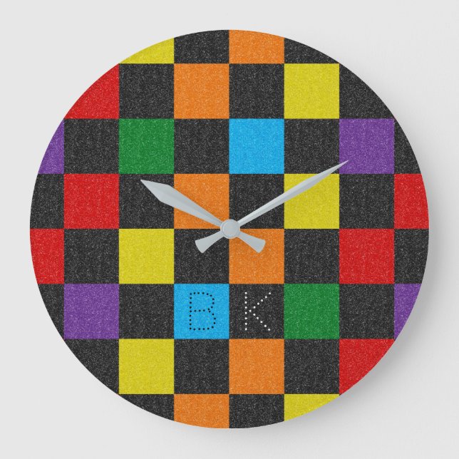Chequered Pattern Trendy Rainbow LGBTQ Monogram Large Clock (Front)