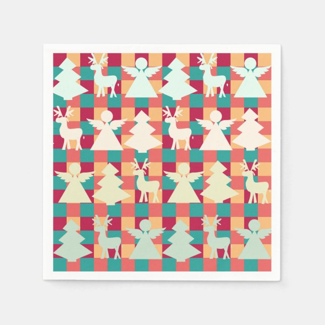 Chequered pattern with angels, reindeers and trees napkin (Front)