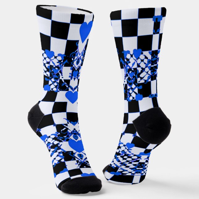 Chequered Pattern With Blue Hearts & Shapes Socks (Angled)