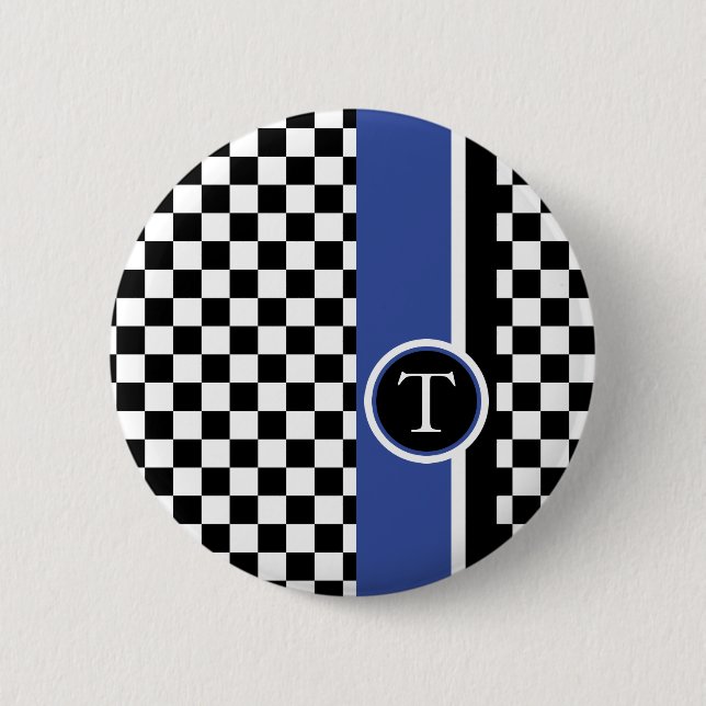 chequered pattern with blue stripe 6 cm round badge (Front)