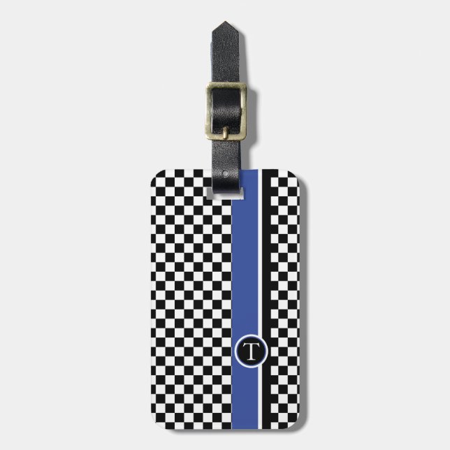 chequered pattern with blue stripe luggage tag (Front Vertical)