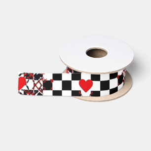 Chequered Pattern With Red Hearts & Shapes Satin Ribbon