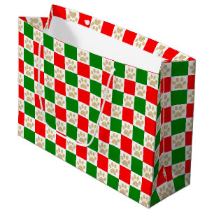 Chequered Paw Prints Red and Green Christmas Large Gift Bag
