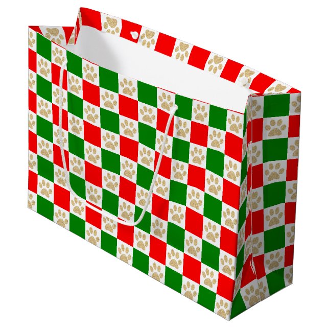 Chequered Paw Prints Red and Green Christmas Large Gift Bag (Front Angled)