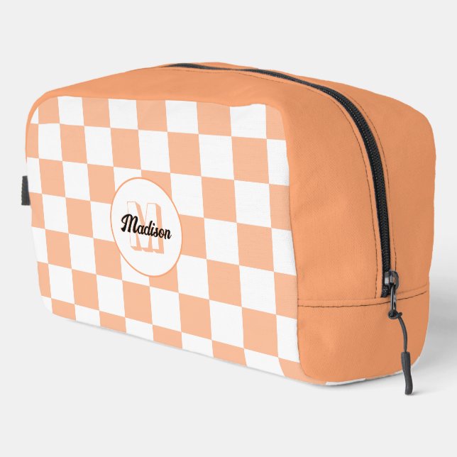 Chequered peach and white geometric retro Monogram Dopp Kit (Right Corner)