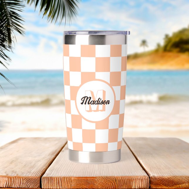 Chequered peach and white geometric retro Monogram Insulated Tumbler (Beach)