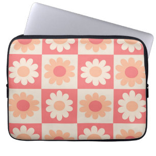 Chequered Peach Fuzz and Orange Retro Flowers Laptop Sleeve