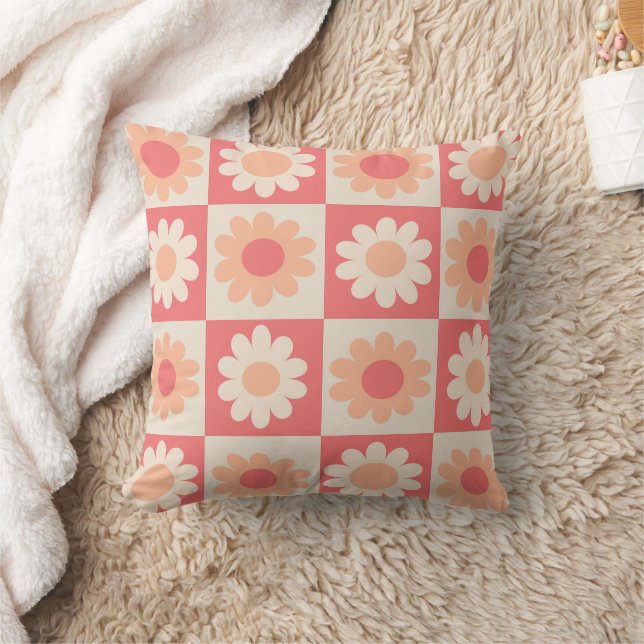 Chequered Peach Fuzz Orange Flowers  Cushion (Blanket)