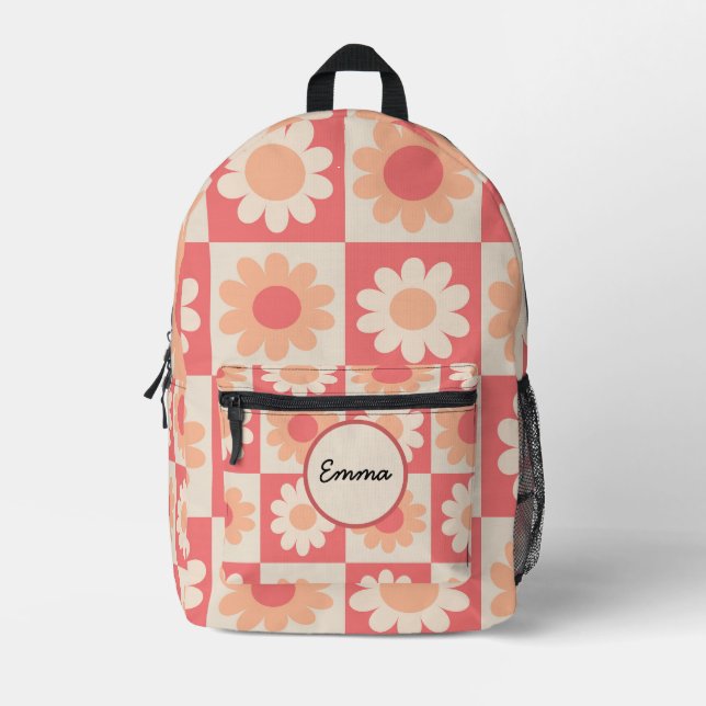 Chequered Peach Fuzz Retro Flowers Custom Name  Printed Backpack (Front)