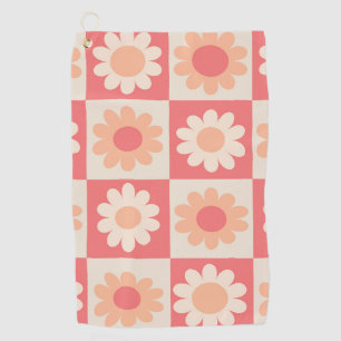 Chequered Peach Fuzz Retro Flowers Pattern Golf Towel