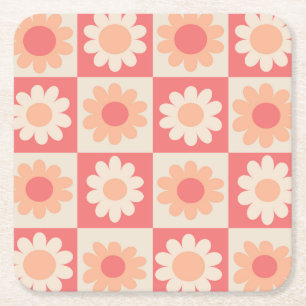 Chequered Peach Fuzz Retro Flowers Pattern  Square Paper Coaster