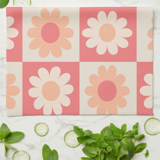 Chequered Peach Fuzz Retro Flowers Pattern  Tea Towel (Folded)