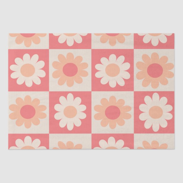 Chequered Peach Fuzz Retro Flowers Pattern  Tissue Paper (Front)