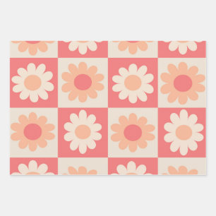 Chequered Peach Fuzz Retro Flowers Pattern Wrapping Paper Sheet
