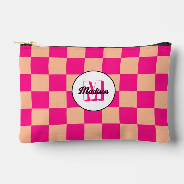 Chequered peach hot pink geometric retro Monogram Accessory Pouch (Front)