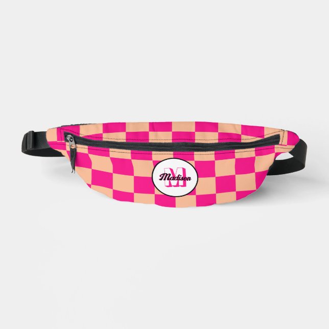 Chequered Peach hot pink geometric retro Monogram Bum Bags (Front)