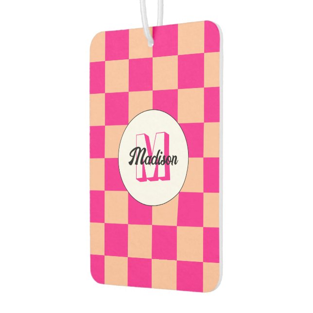 Chequered peach hot pink geometric retro Monogram Car Air Freshener (Left)