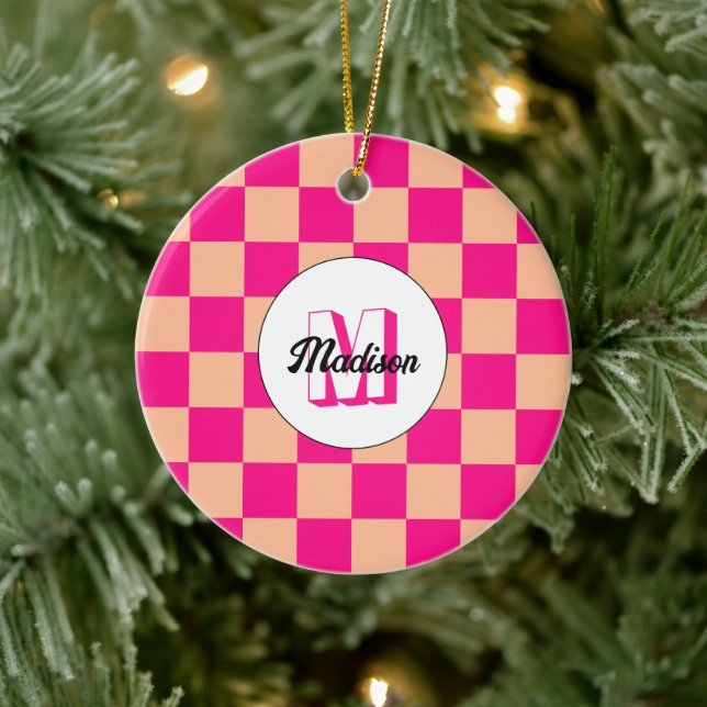 Chequered peach hot pink geometric retro Monogram Ceramic Tree Decoration (Tree)