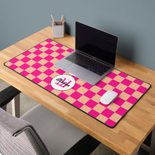 Chequered peach hot pink geometric retro Monogram Desk Mat