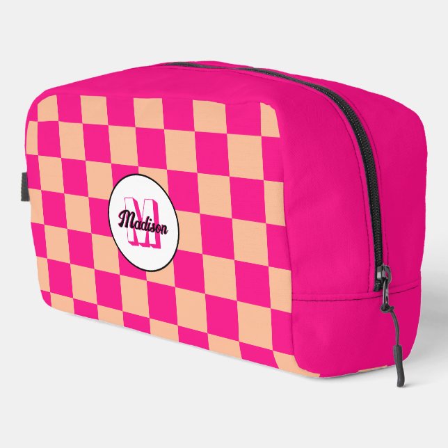 Chequered peach hot pink geometric retro Monogram Dopp Kit (Right Corner)