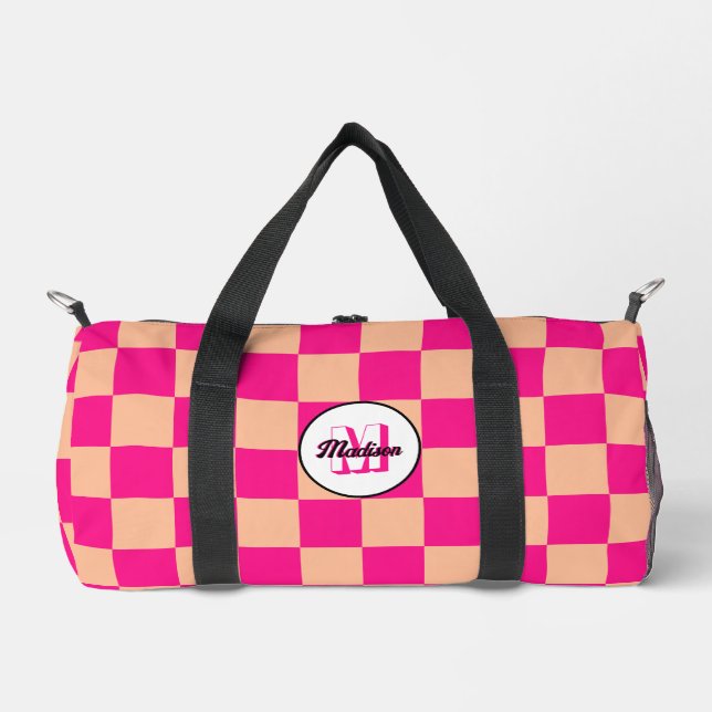 Chequered peach hot pink geometric retro Monogram Duffle Bag (Front)