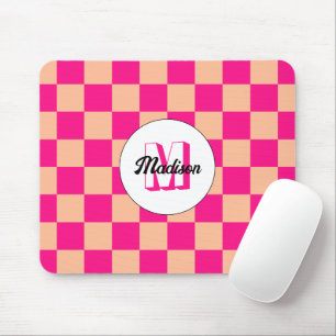 Chequered peach hot pink geometric retro Monogram Mouse Mat