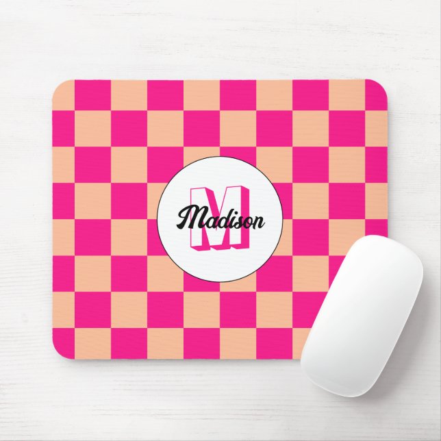 Chequered peach hot pink geometric retro Monogram Mouse Mat (With Mouse)