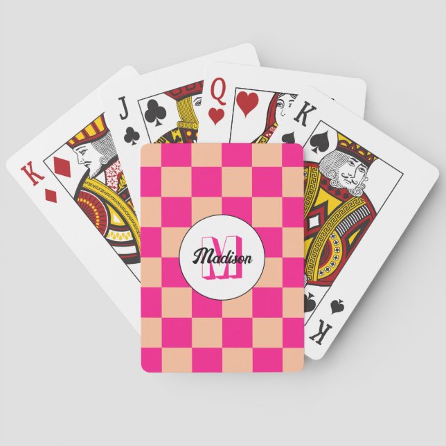 Chequered peach hot pink geometric retro Monogram Playing Cards (Back)