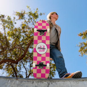 Chequered peach hot pink geometric retro Monogram Skateboard