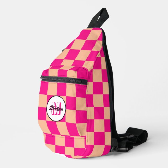Chequered peach hot pink geometric retro Monogram Sling Bag (Right Corner)