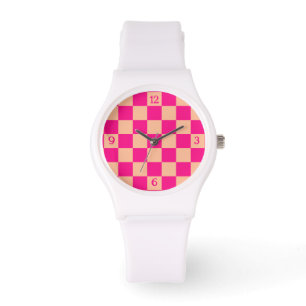 Chequered peach hot pink geometric retro w numbers watch