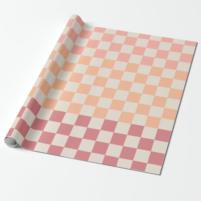 Chequered Peach Pink Pastel Blush Gradient Pattern Wrapping Paper (Unrolled)