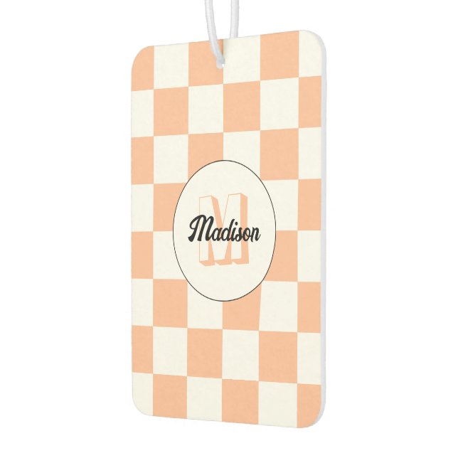 Chequered peach white geometric retro Monogram Car Air Freshener (Left)