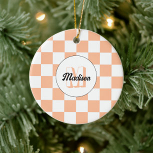 Chequered peach white geometric retro Monogram Ceramic Tree Decoration