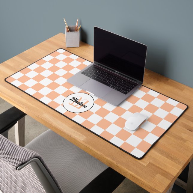 Chequered peach white geometric retro Monogram Desk Mat (Office 2)