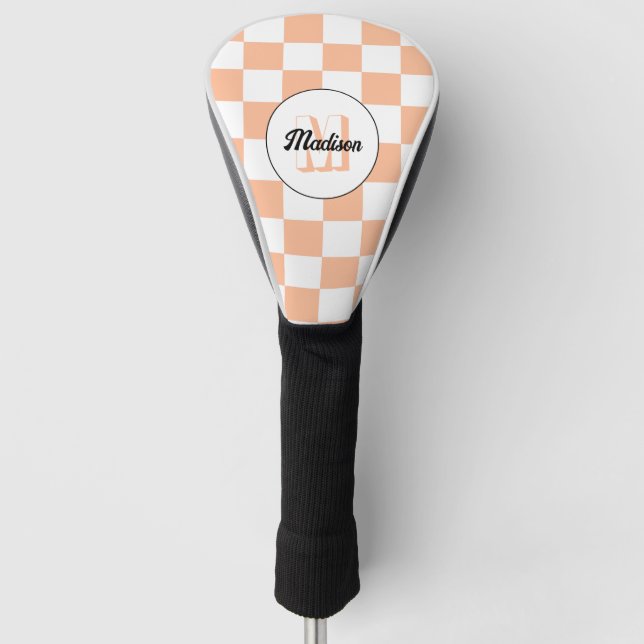 Chequered peach white geometric retro Monogram Golf Head Cover (Front)
