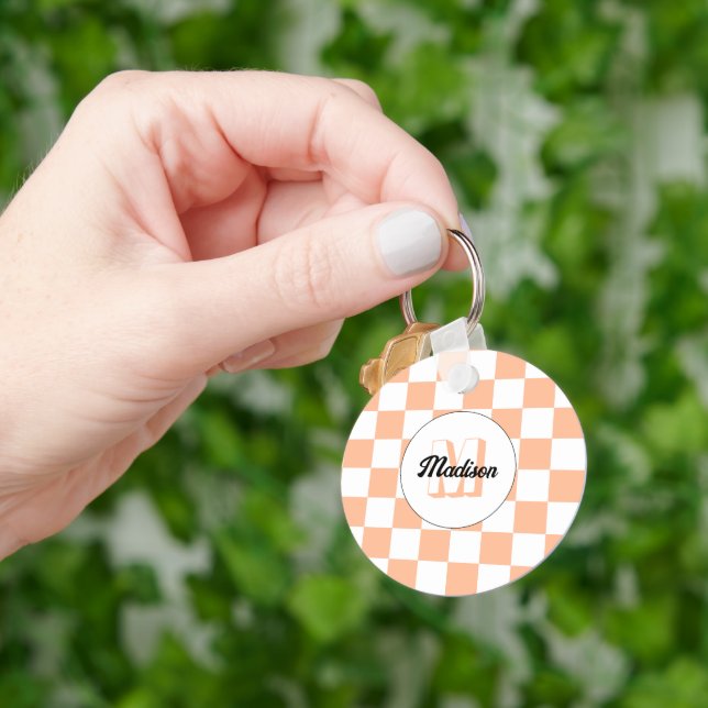 Chequered peach white geometric retro Monogram Key Ring (Hand)