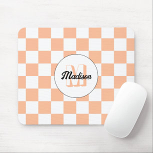 Chequered peach white geometric retro Monogram Mouse Mat